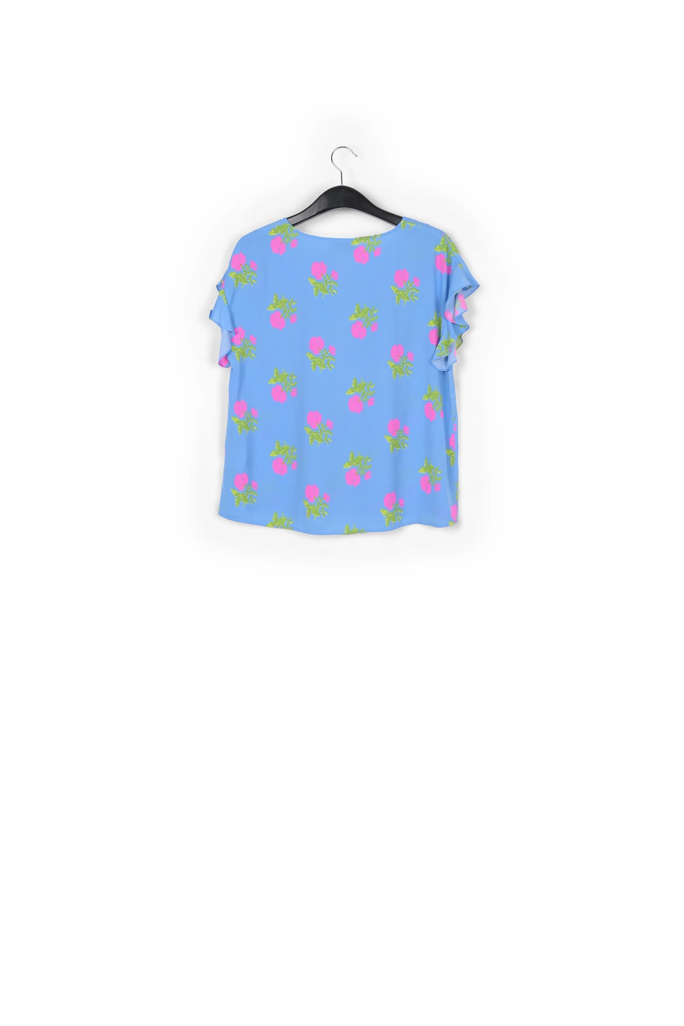 Blue flower print top with ruffled sleeves