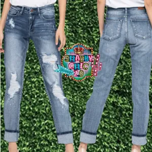 Boyfriend Fit Bleach Splash Distressed Mid Rise Jeans