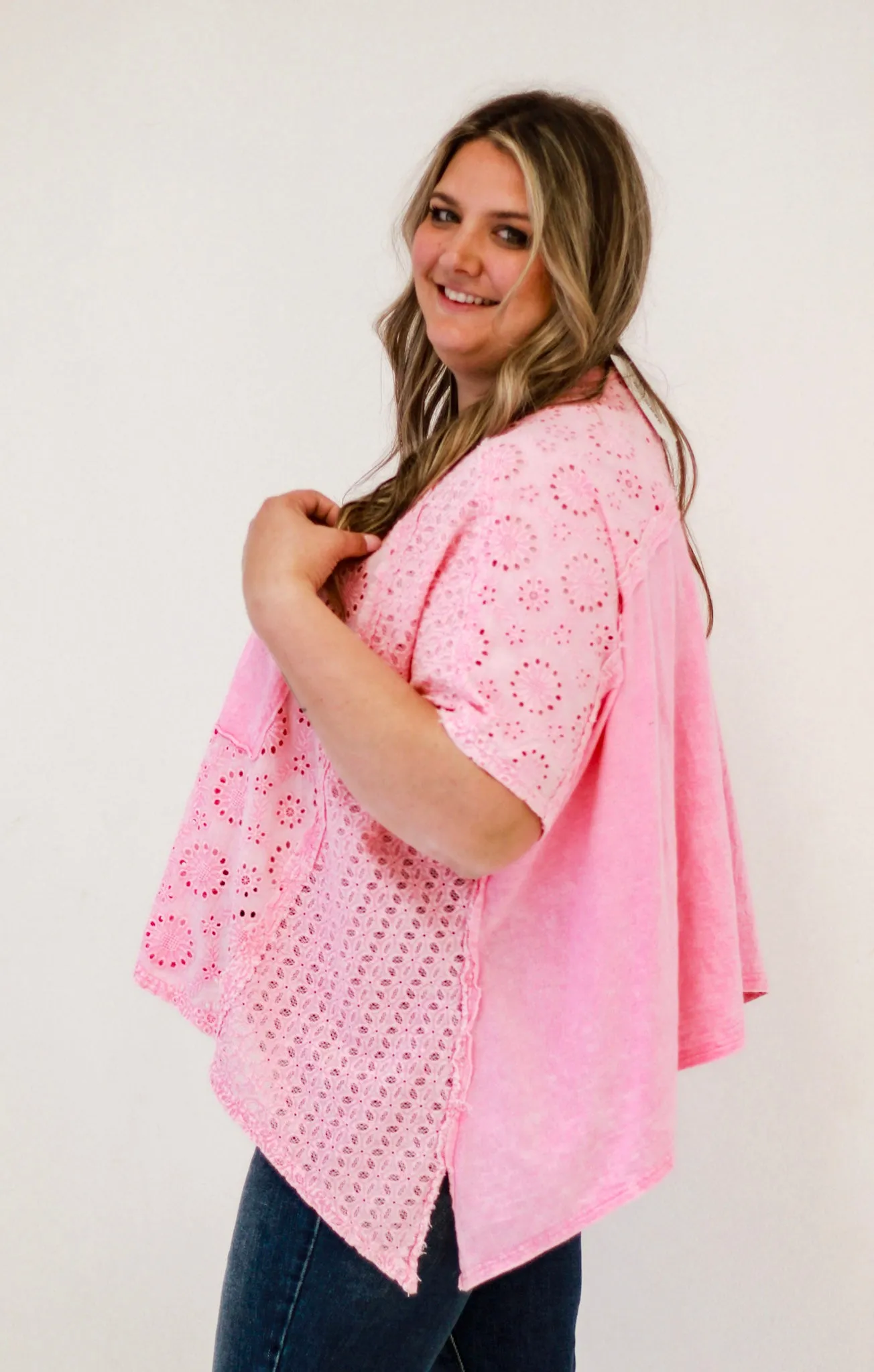 Bubble Gum Yum Eyelet Poncho Top by Oli & Hali