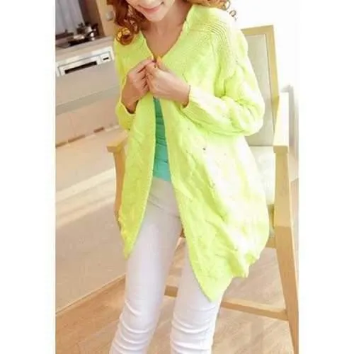 Casual Style Solid Color Plait Long Sleeve Sweater For Women - Green One Size