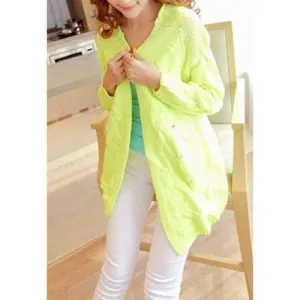 Casual Style Solid Color Plait Long Sleeve Sweater For Women - Green One Size