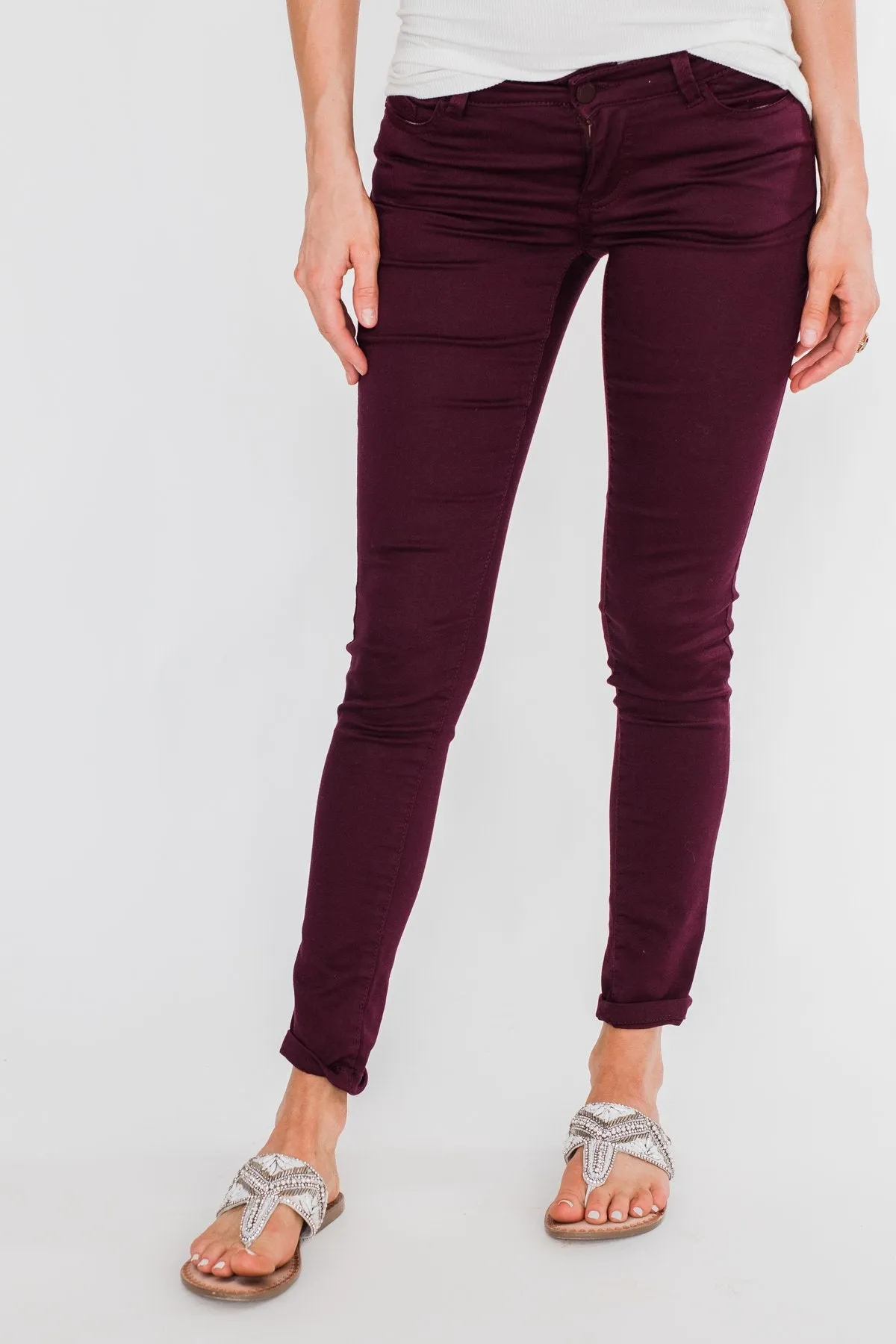 C'est Toi Non Distressed Colored Skinnies- Dark Burgundy