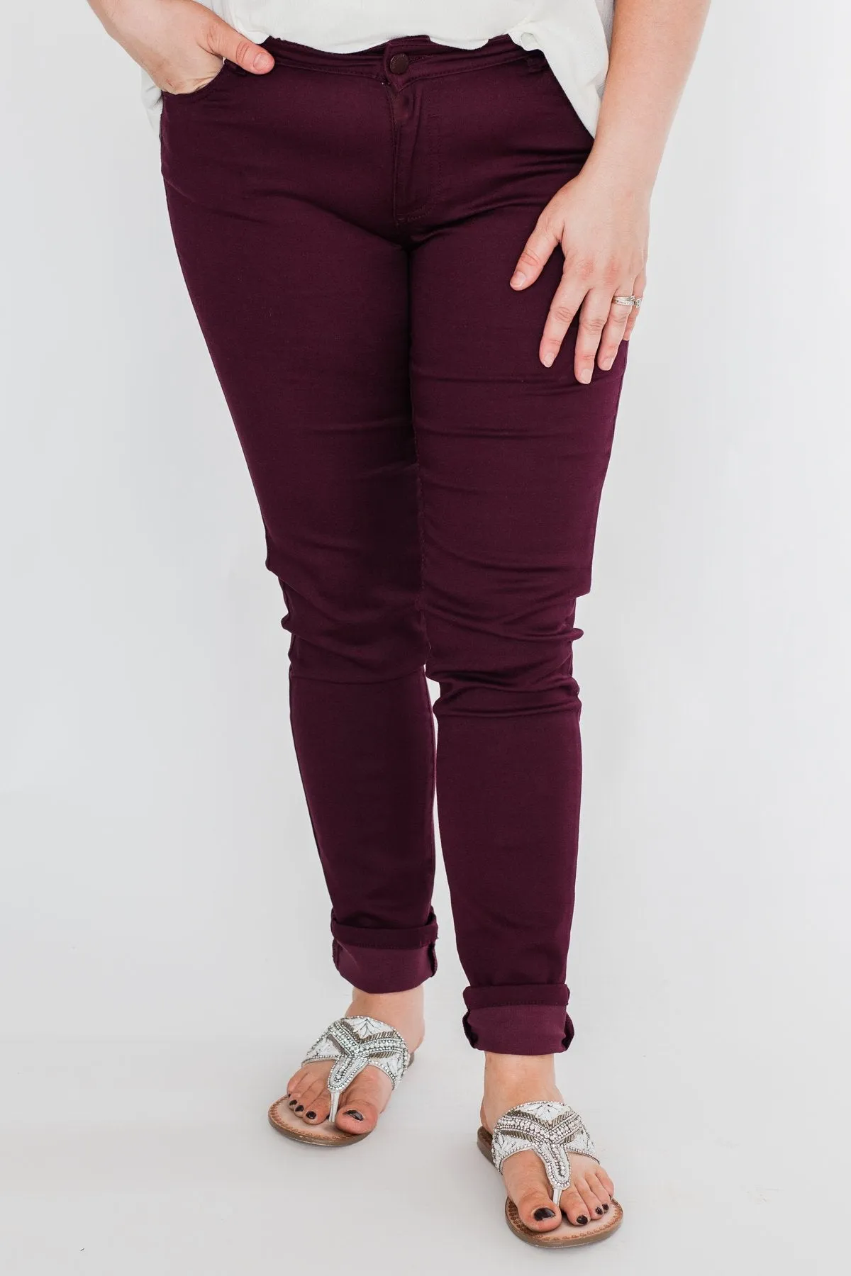 C'est Toi Non Distressed Colored Skinnies- Dark Burgundy