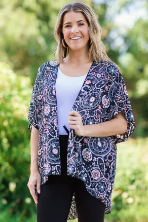 Charcoal Multicolor Paisley Print Kimono