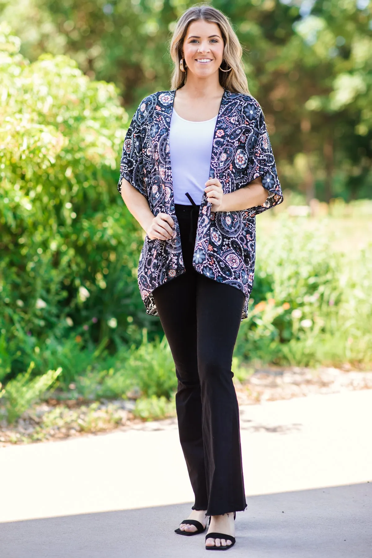 Charcoal Multicolor Paisley Print Kimono