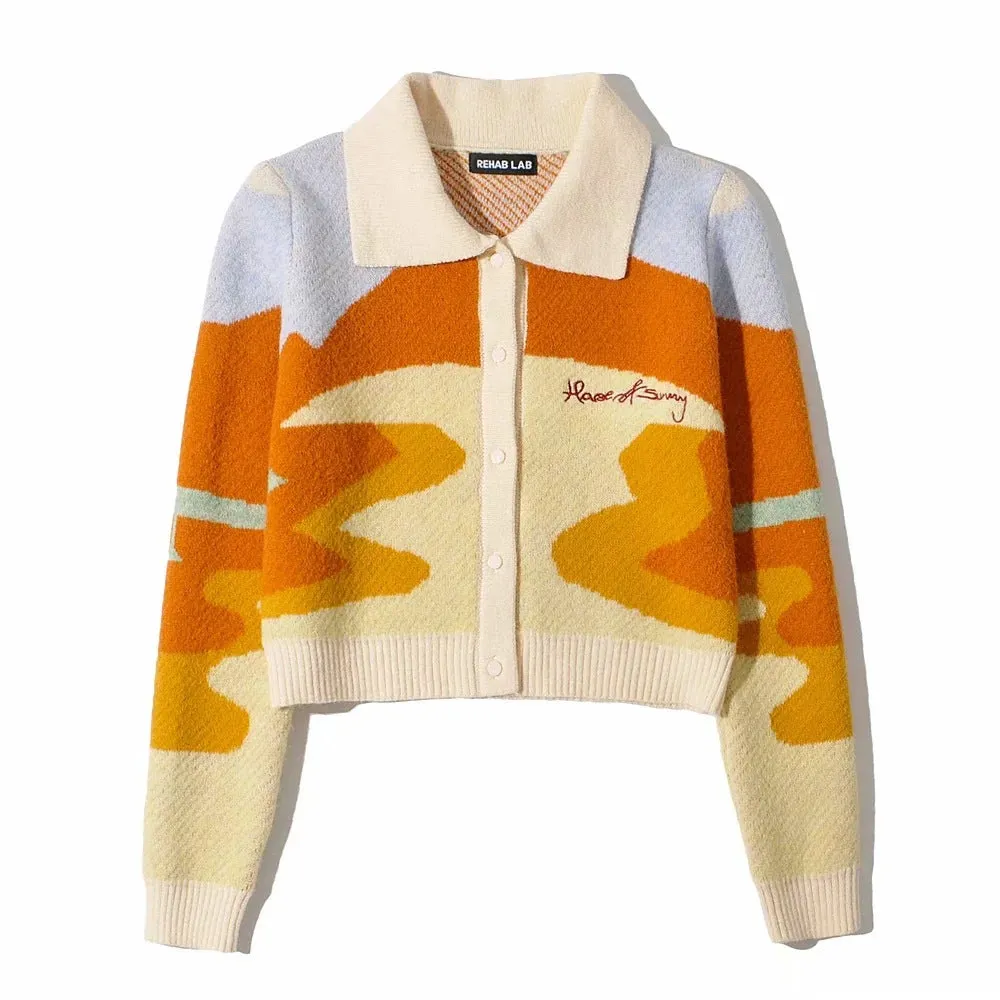 Contrast Printing Single-breasted Knitting Sweater Cardigans