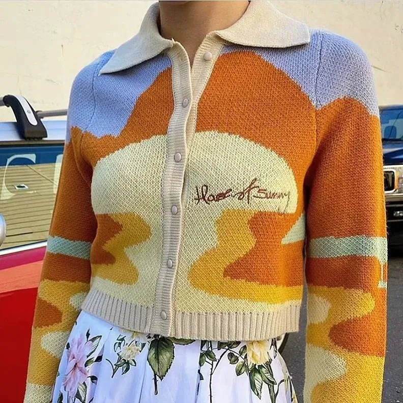 Contrast Printing Single-breasted Knitting Sweater Cardigans