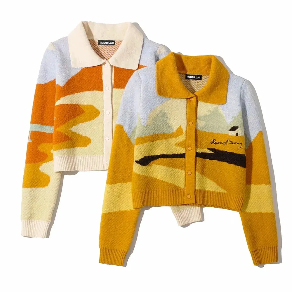 Contrast Printing Single-breasted Knitting Sweater Cardigans