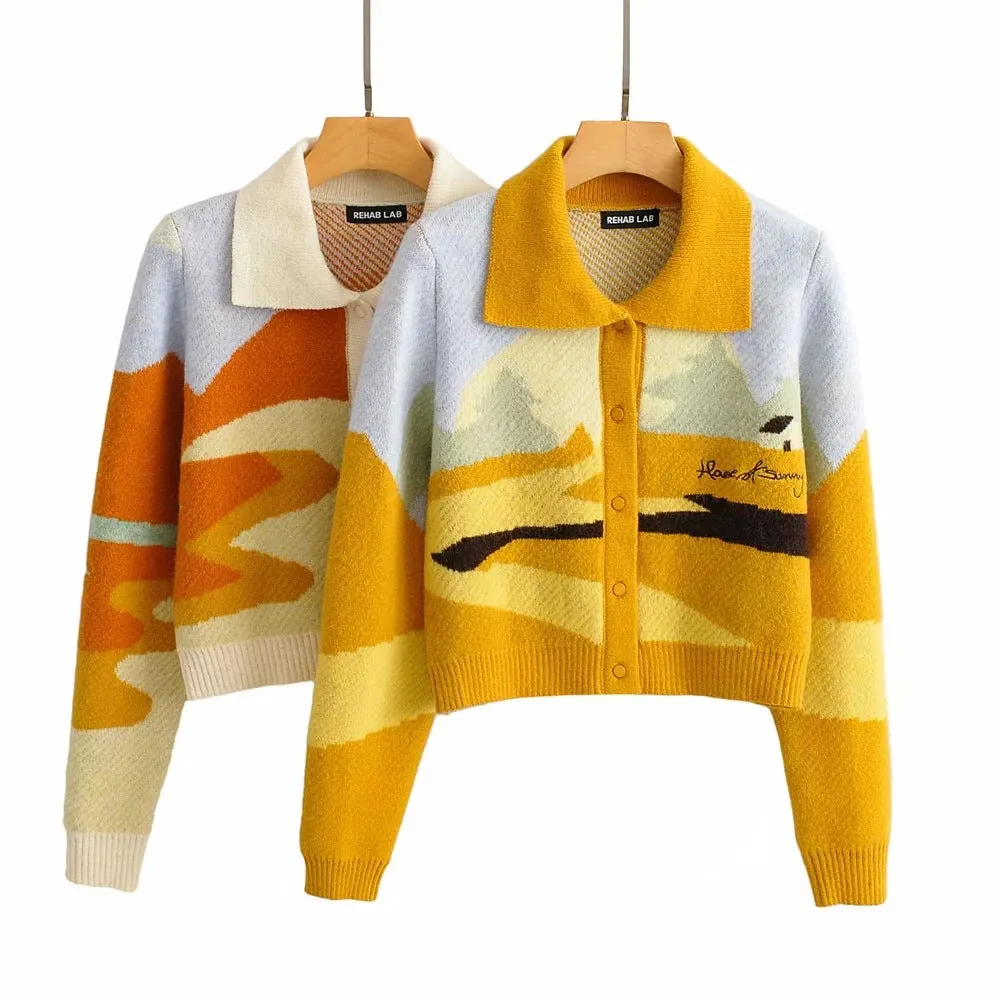 Contrast Printing Single-breasted Knitting Sweater Cardigans