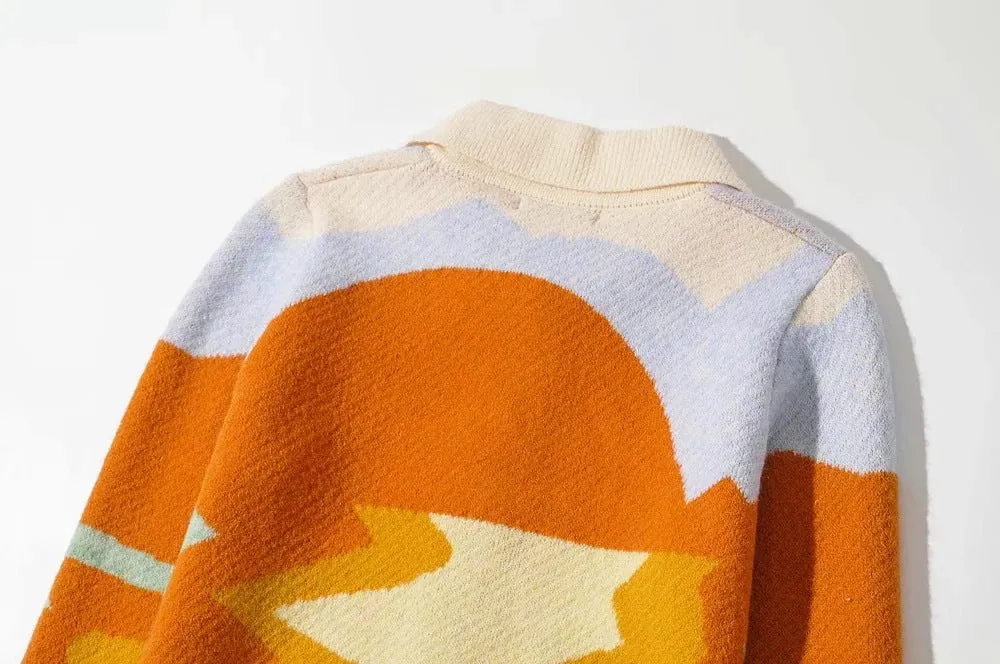 Contrast Printing Single-breasted Knitting Sweater Cardigans