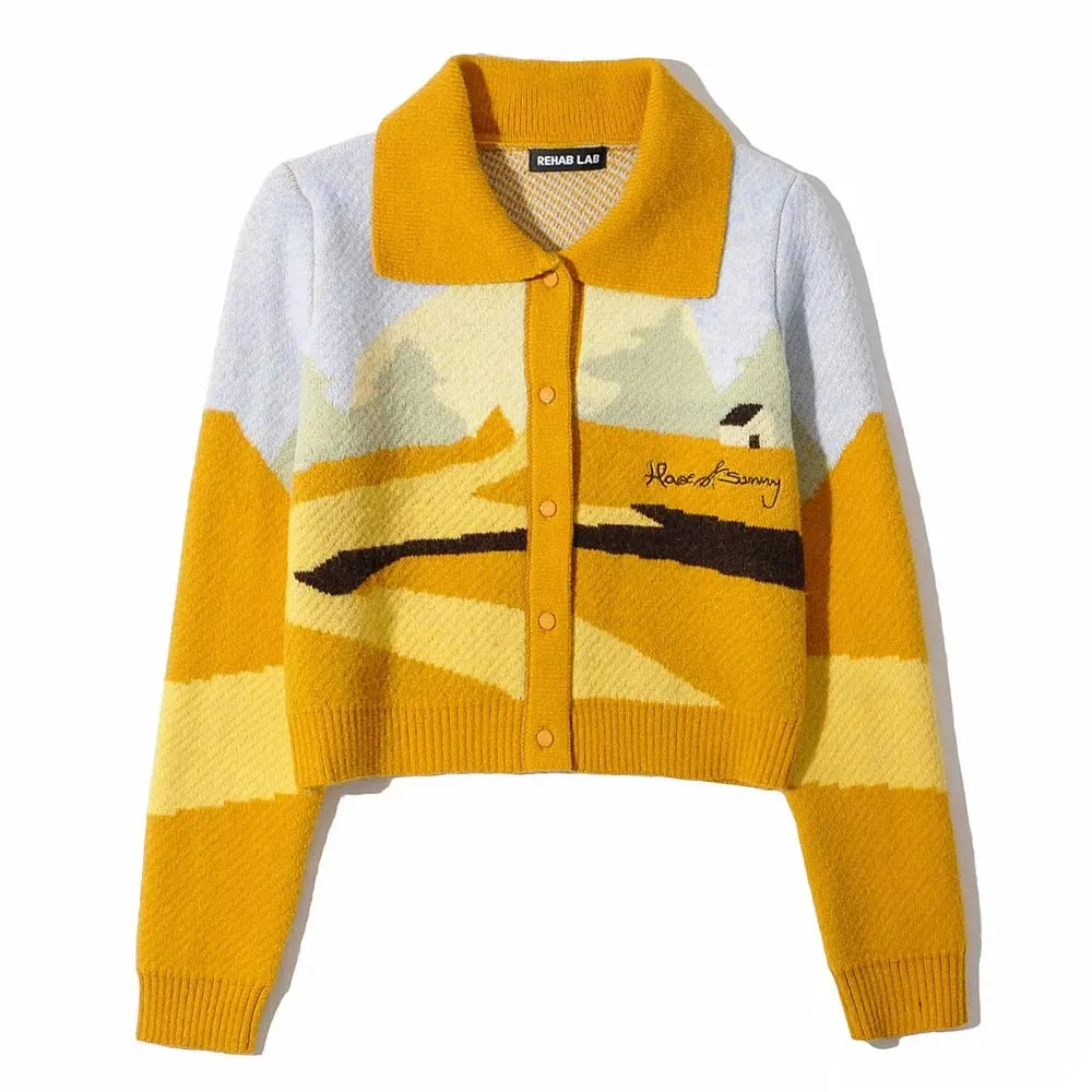 Contrast Printing Single-breasted Knitting Sweater Cardigans