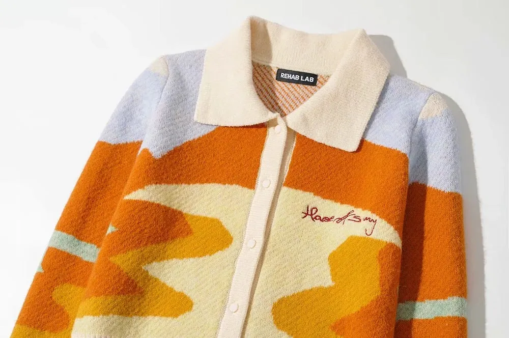 Contrast Printing Single-breasted Knitting Sweater Cardigans