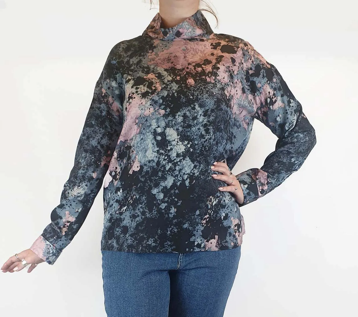 Cos pink and blue paint splatter long sleeve top size 42, best fits AU12