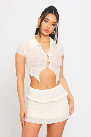 Cream Mesh Textured Button Front Top & Mini Skirt Co-Ord