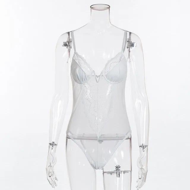Cryptographic deep V fashion lace sexy bodysuit for women