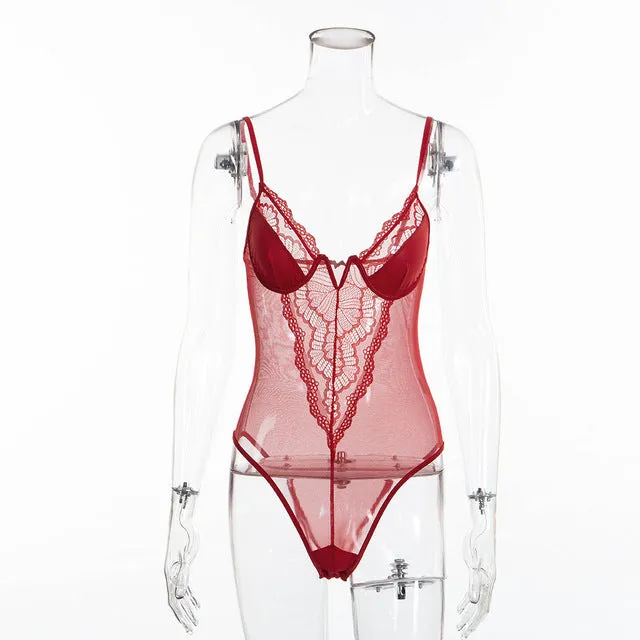 Cryptographic deep V fashion lace sexy bodysuit for women