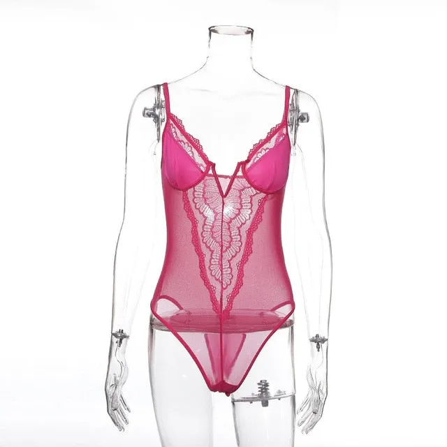 Cryptographic deep V fashion lace sexy bodysuit for women