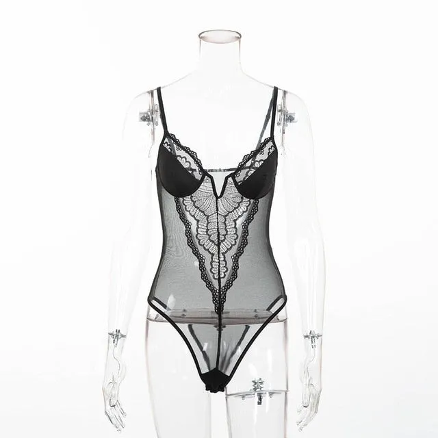 Cryptographic deep V fashion lace sexy bodysuit for women