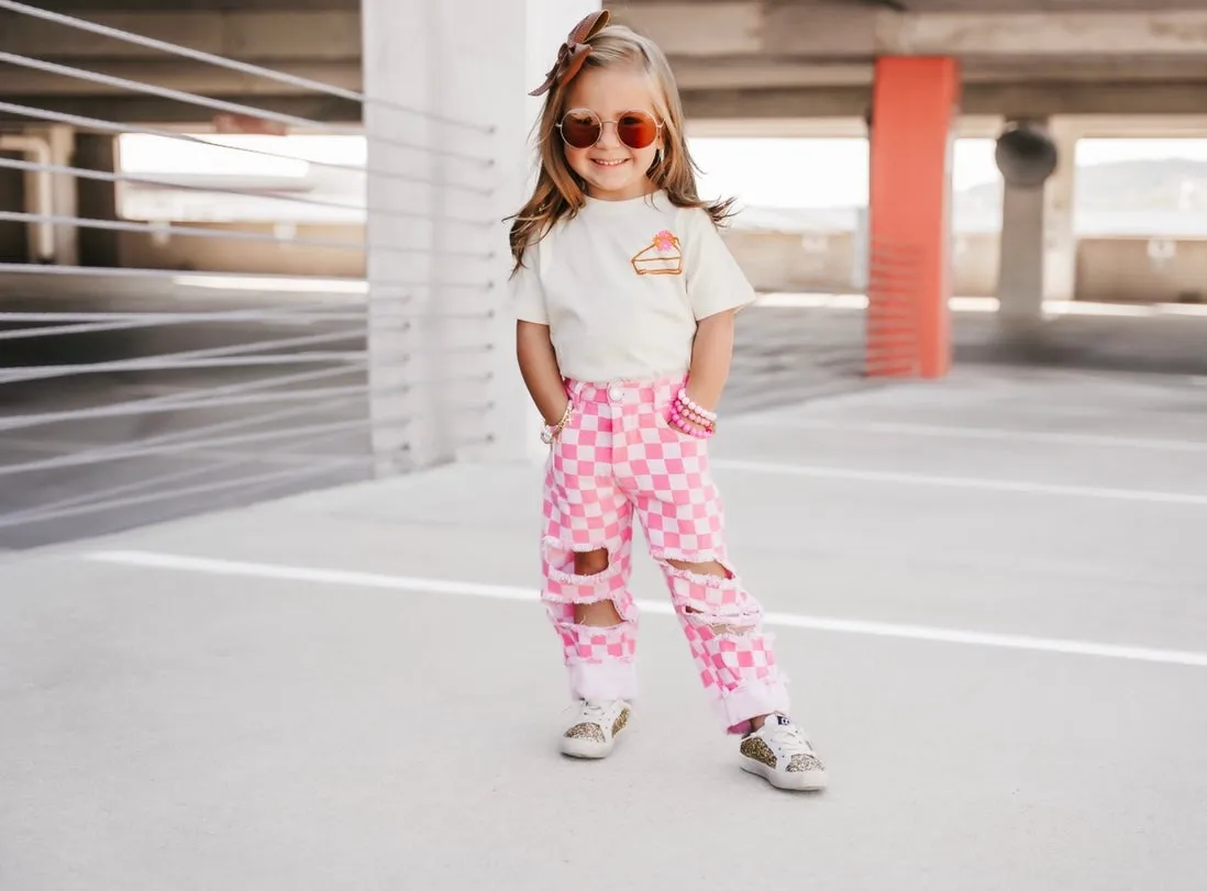 denim jeans - pink checker