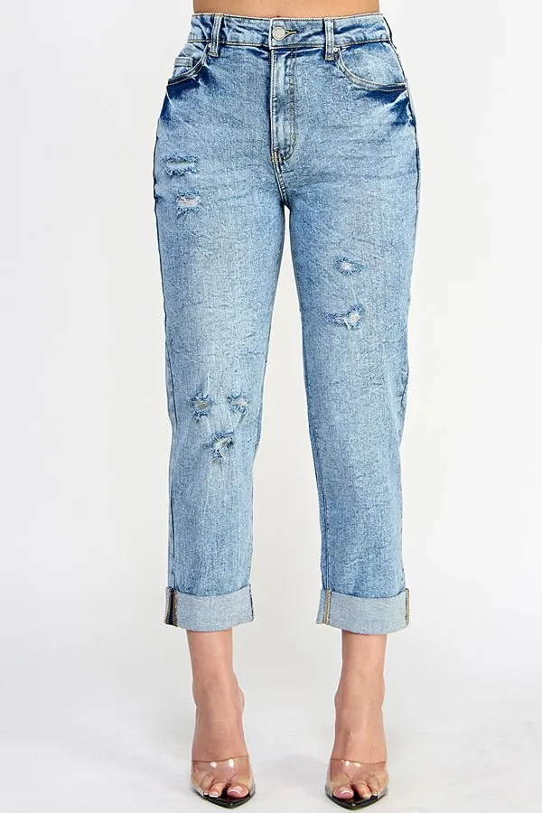 DISTRESSED  HIGH RISE STRETCH MOM JEANS