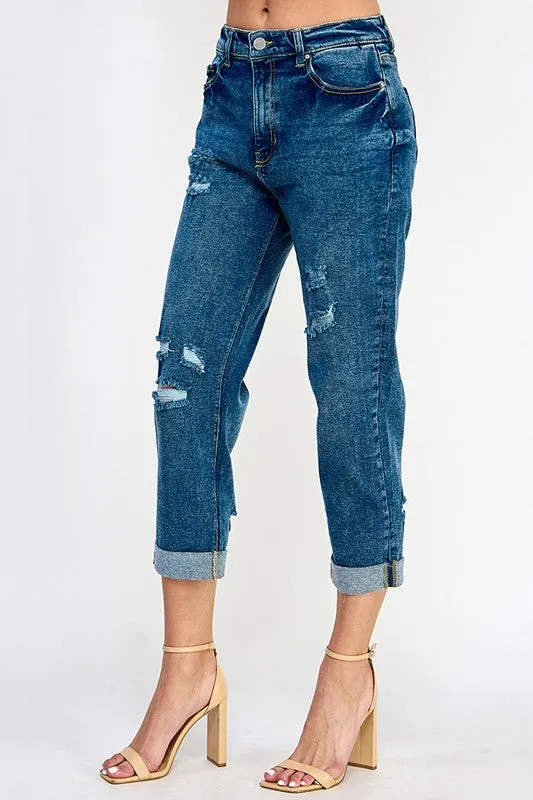 DISTRESSED  HIGH RISE STRETCH MOM JEANS