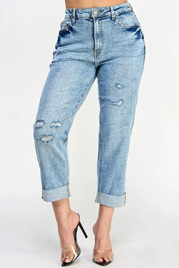 DISTRESSED  HIGH RISE STRETCH MOM JEANS