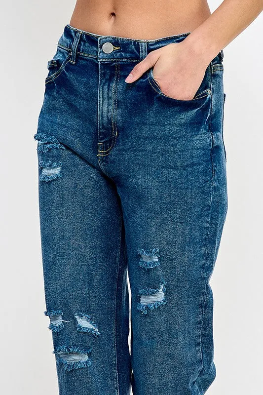 DISTRESSED  HIGH RISE STRETCH MOM JEANS
