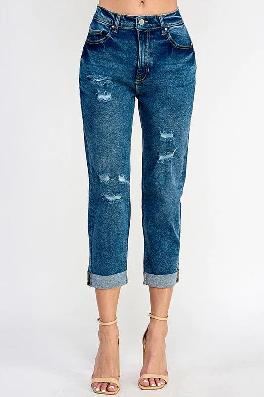 DISTRESSED  HIGH RISE STRETCH MOM JEANS