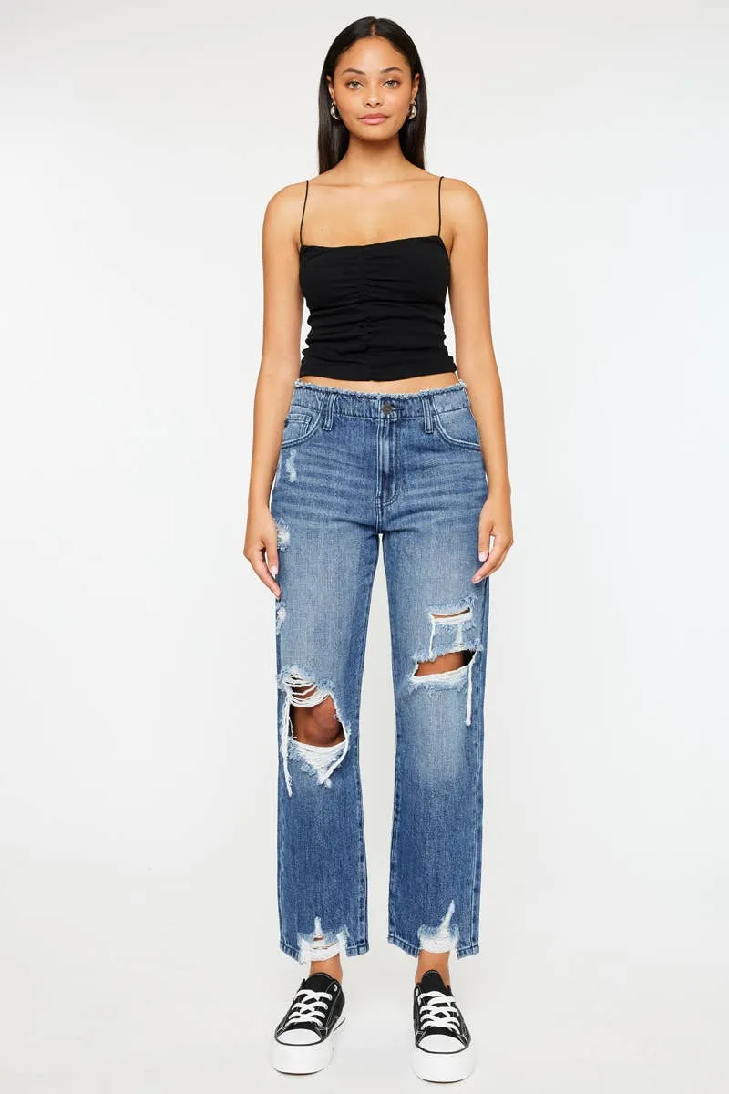 Distressed Straight Leg Cropped Jean by Kan Can