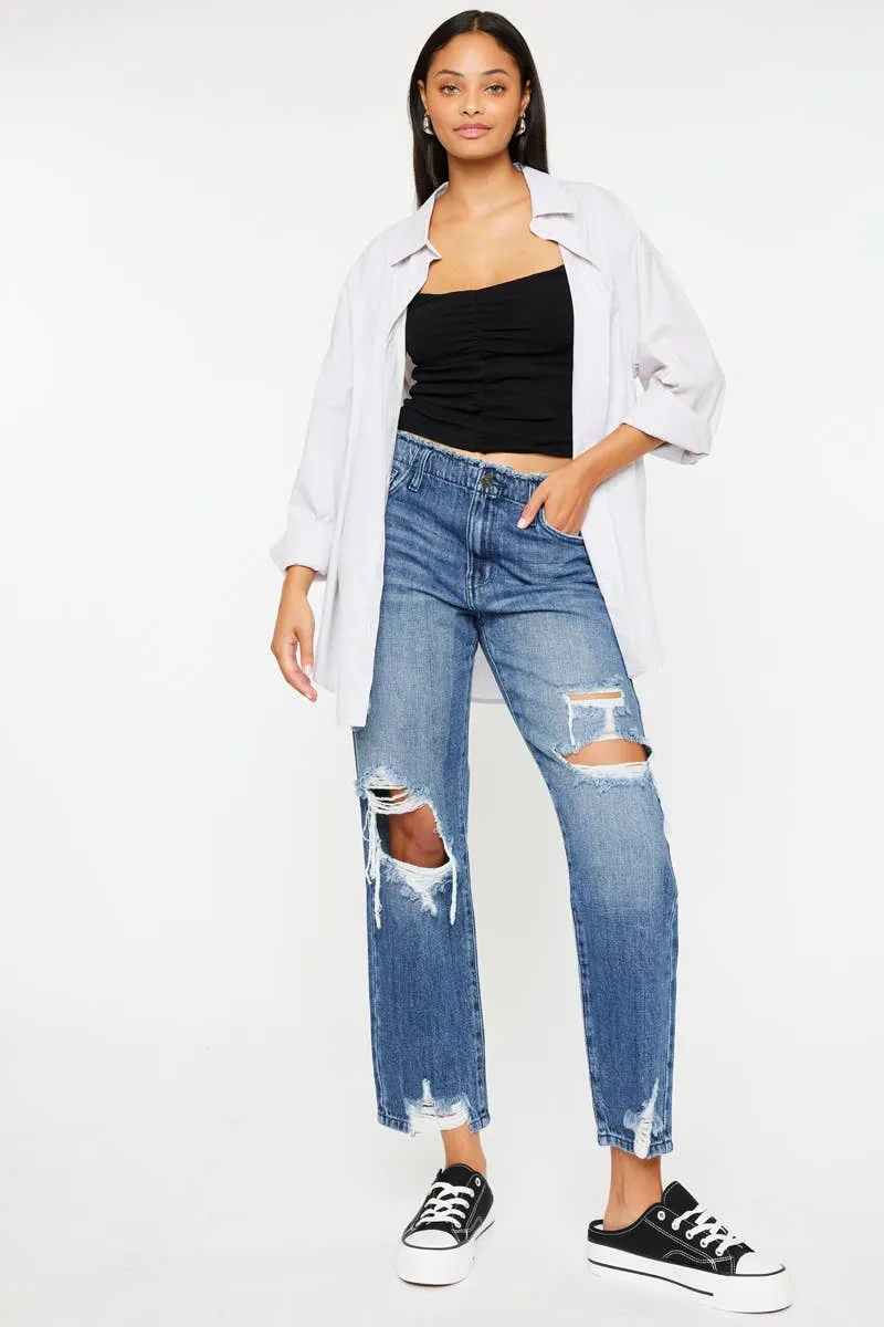 Distressed Straight Leg Cropped Jean by Kan Can