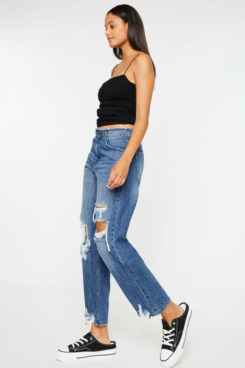 Distressed Straight Leg Cropped Jean by Kan Can