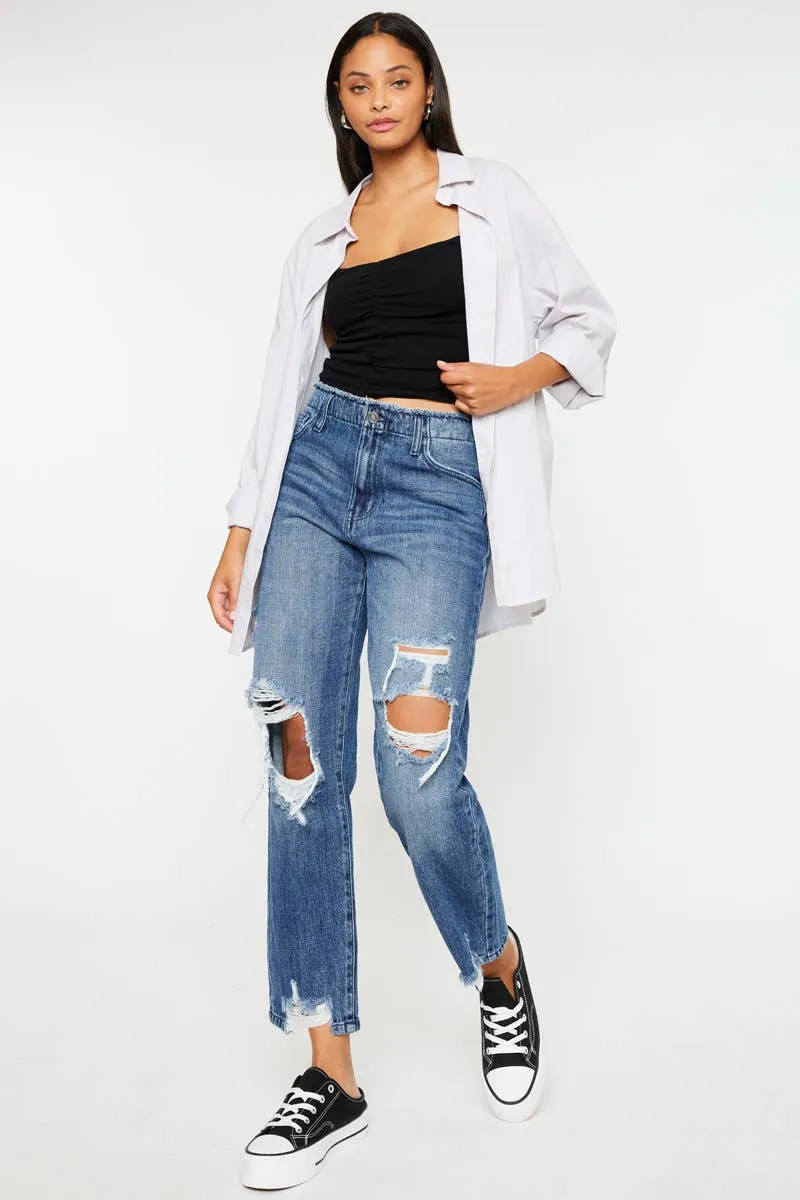 Distressed Straight Leg Cropped Jean by Kan Can