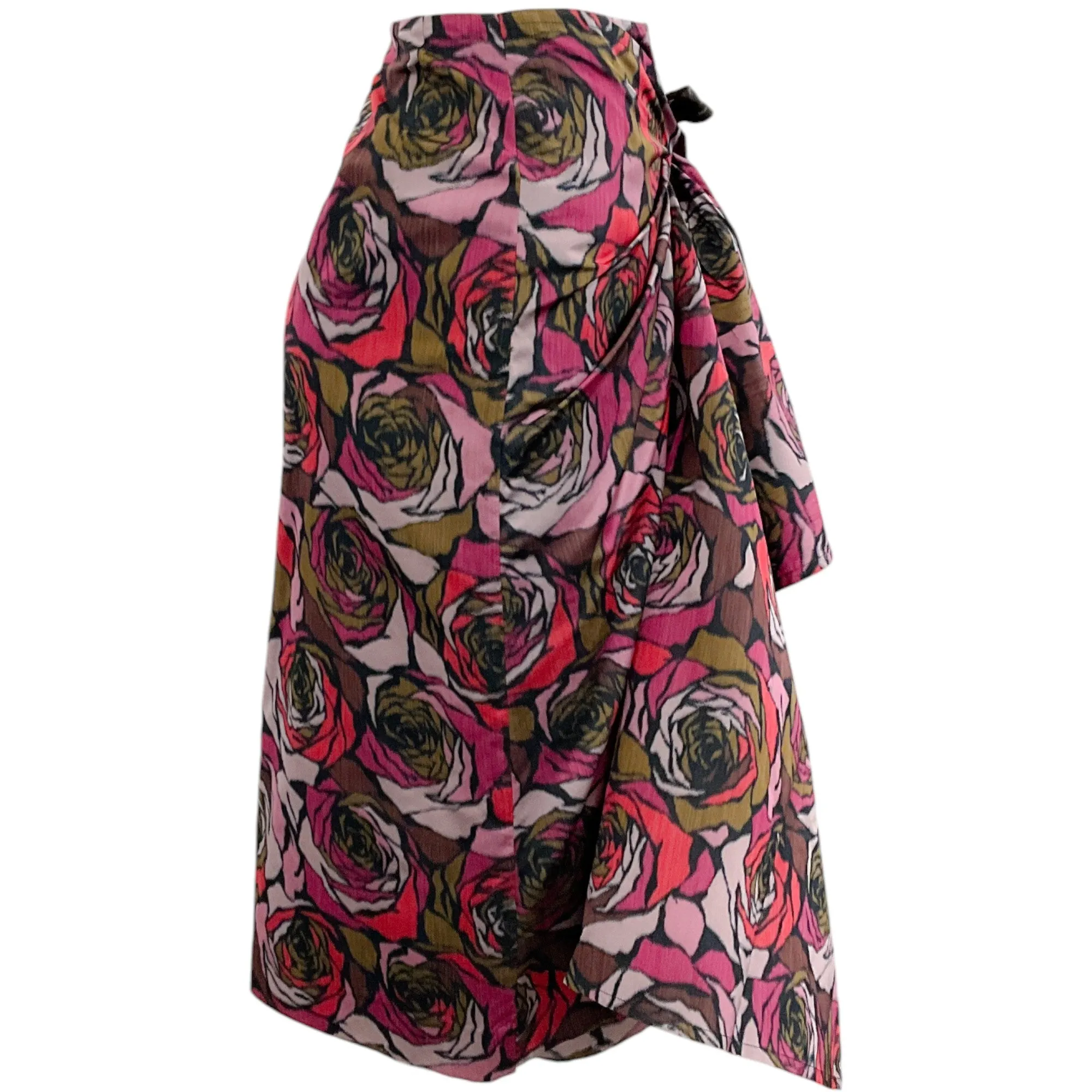 Dries van Noten Red / Magenta Silk Floral Faux Wrap Skirt
