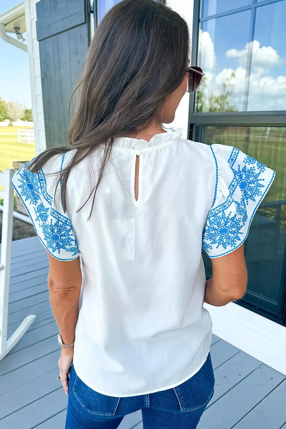Embroidered Ruffled Sleeve Frilled Collar Blouse - FINAL SALE