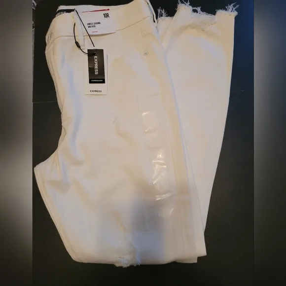 Express Ankle Legging Mid Rise Distressed White Jean Raw Distressed Hem Sz 10 NW