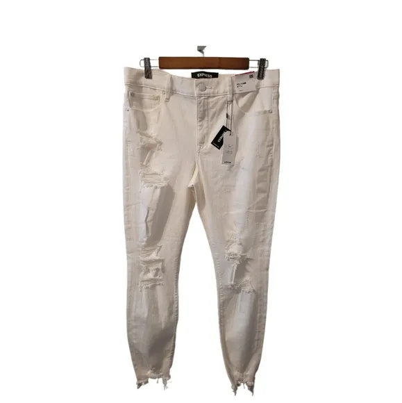 Express Ankle Legging Mid Rise Distressed White Jean Raw Distressed Hem Sz 10 NW