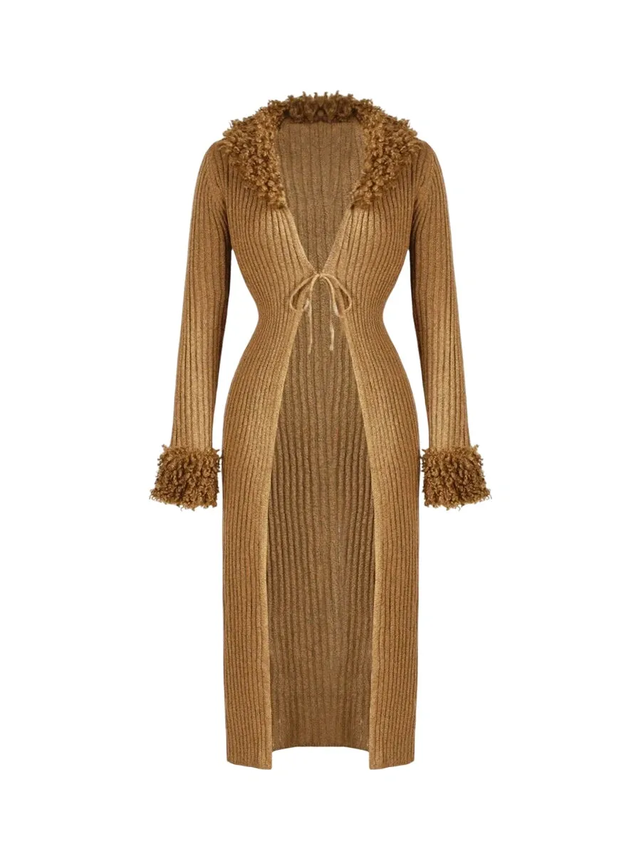 Federica Luxurious Knit Maxi Cardigan with Fringed Trim in Brown