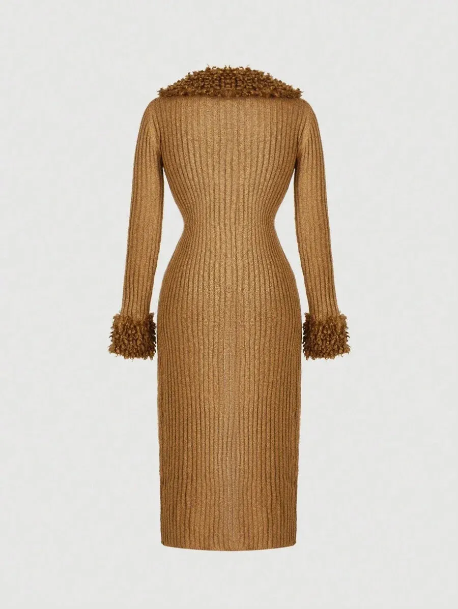 Federica Luxurious Knit Maxi Cardigan with Fringed Trim in Brown