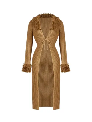 Federica Luxurious Knit Maxi Cardigan with Fringed Trim in Brown