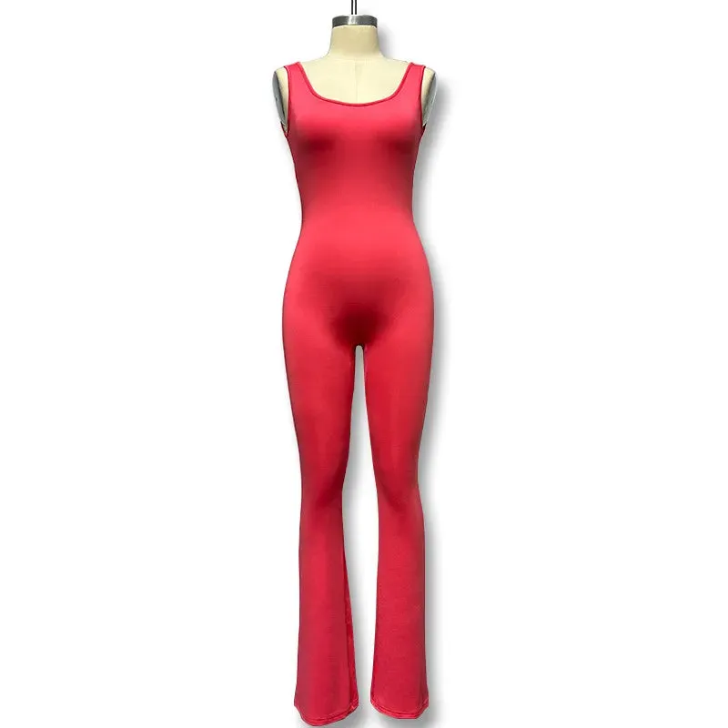 fitness classic style solid color polyester u neck tracksuit jumpsuits