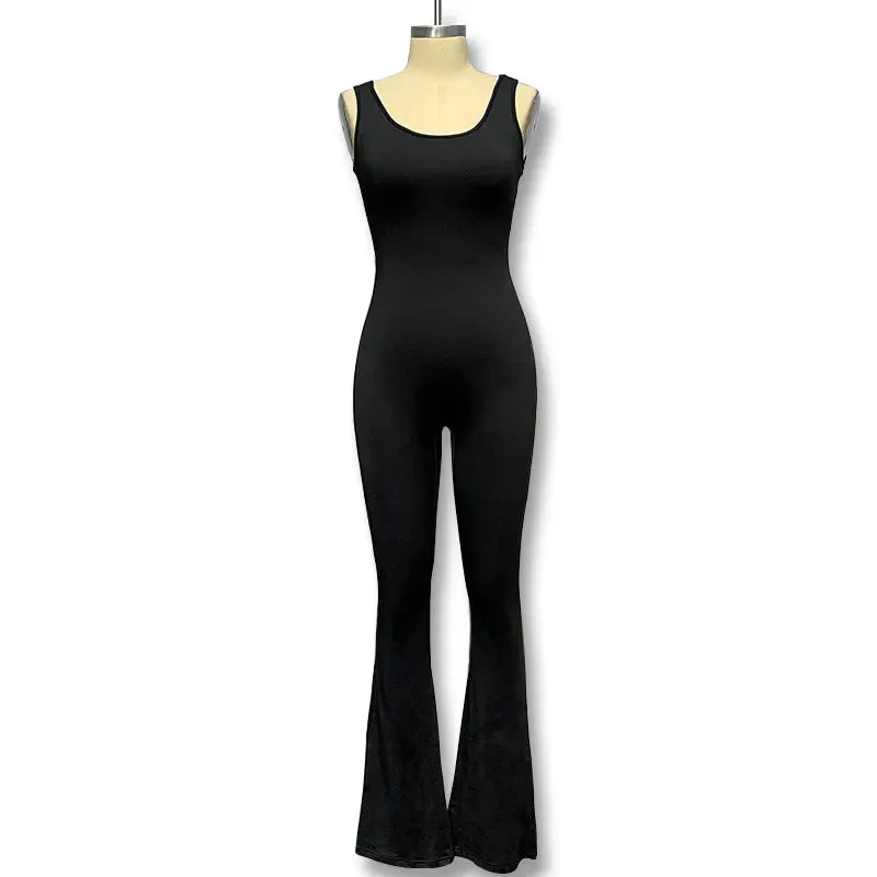 fitness classic style solid color polyester u neck tracksuit jumpsuits