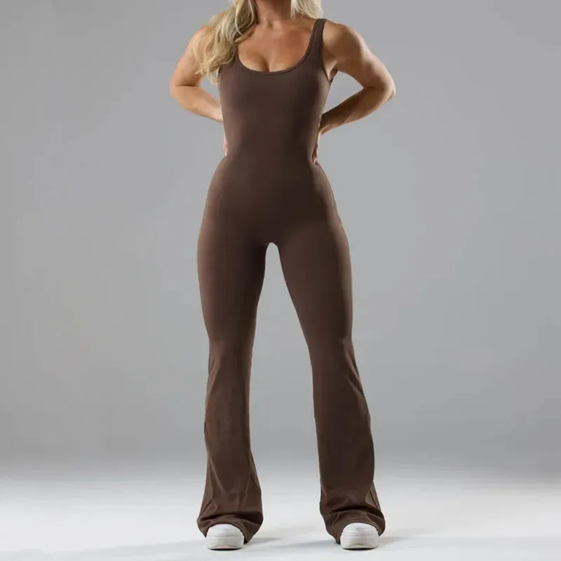 fitness classic style solid color polyester u neck tracksuit jumpsuits