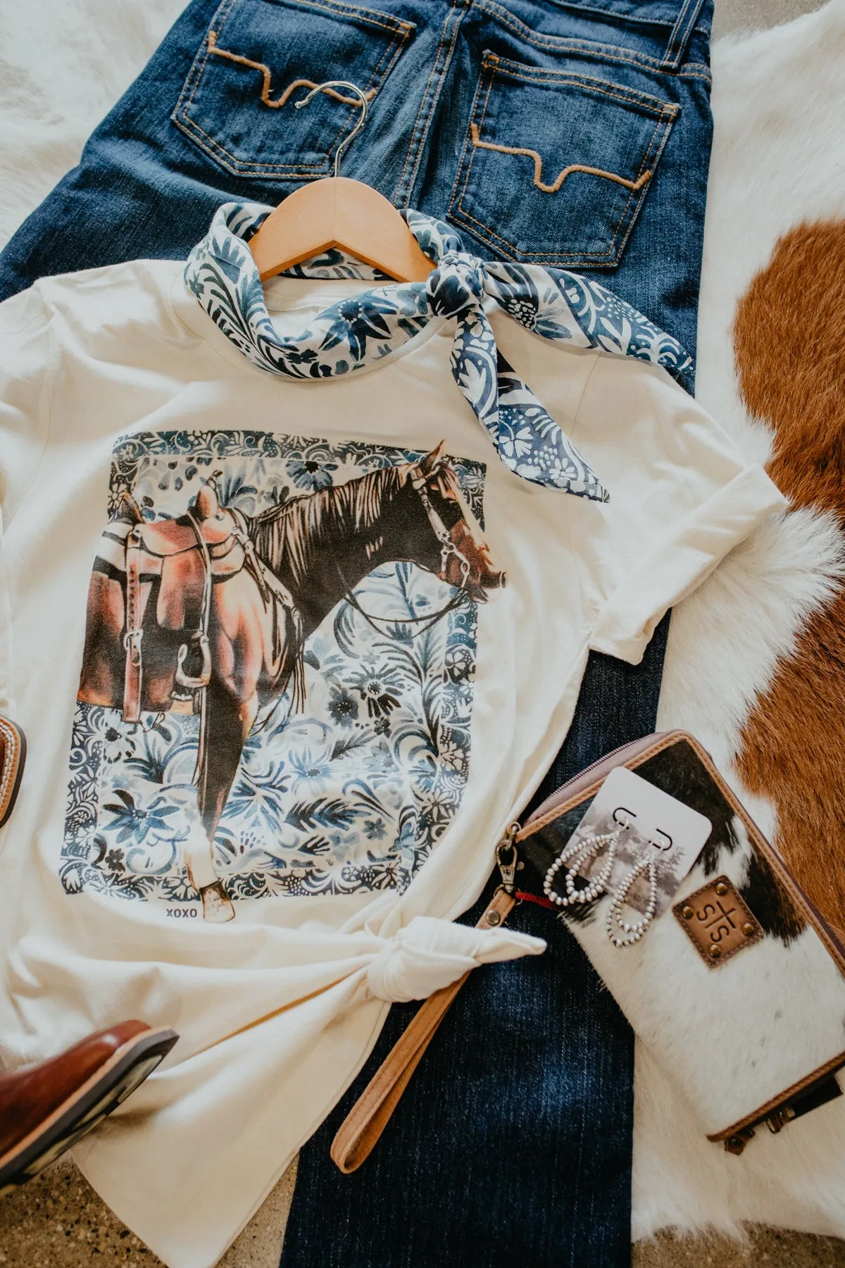 'Floral Denim Horse' with Jewel Applique Graphic T (XS - XL)
