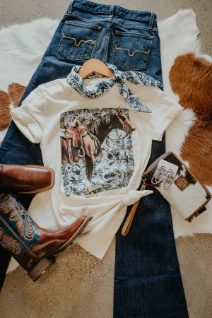 'Floral Denim Horse' with Jewel Applique Graphic T (XS - XL)