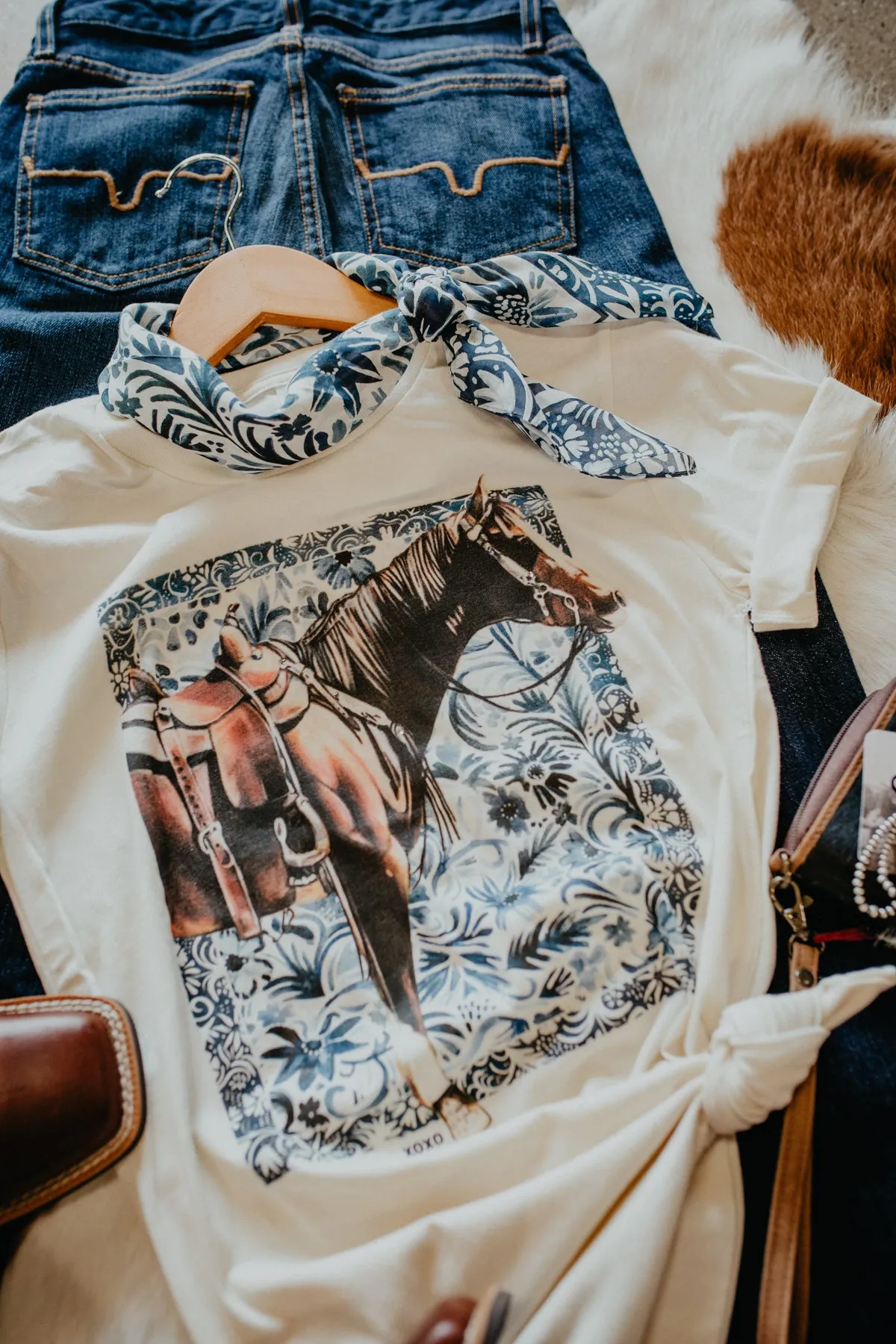 'Floral Denim Horse' with Jewel Applique Graphic T (XS - XL)