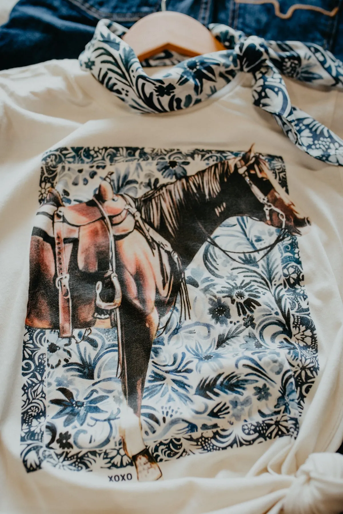 'Floral Denim Horse' with Jewel Applique Graphic T (XS - XL)