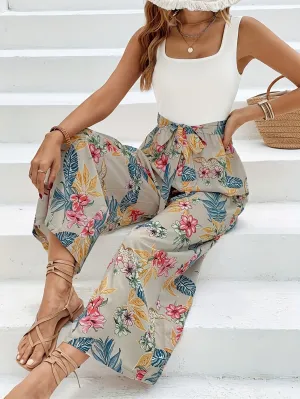 Floral  Jumpsuit, Casual Backless Square Neck Tie Waist Sleeveless Jumpsuits