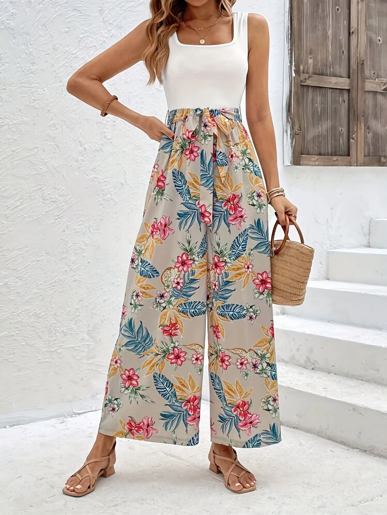 Floral  Jumpsuit, Casual Backless Square Neck Tie Waist Sleeveless Jumpsuits