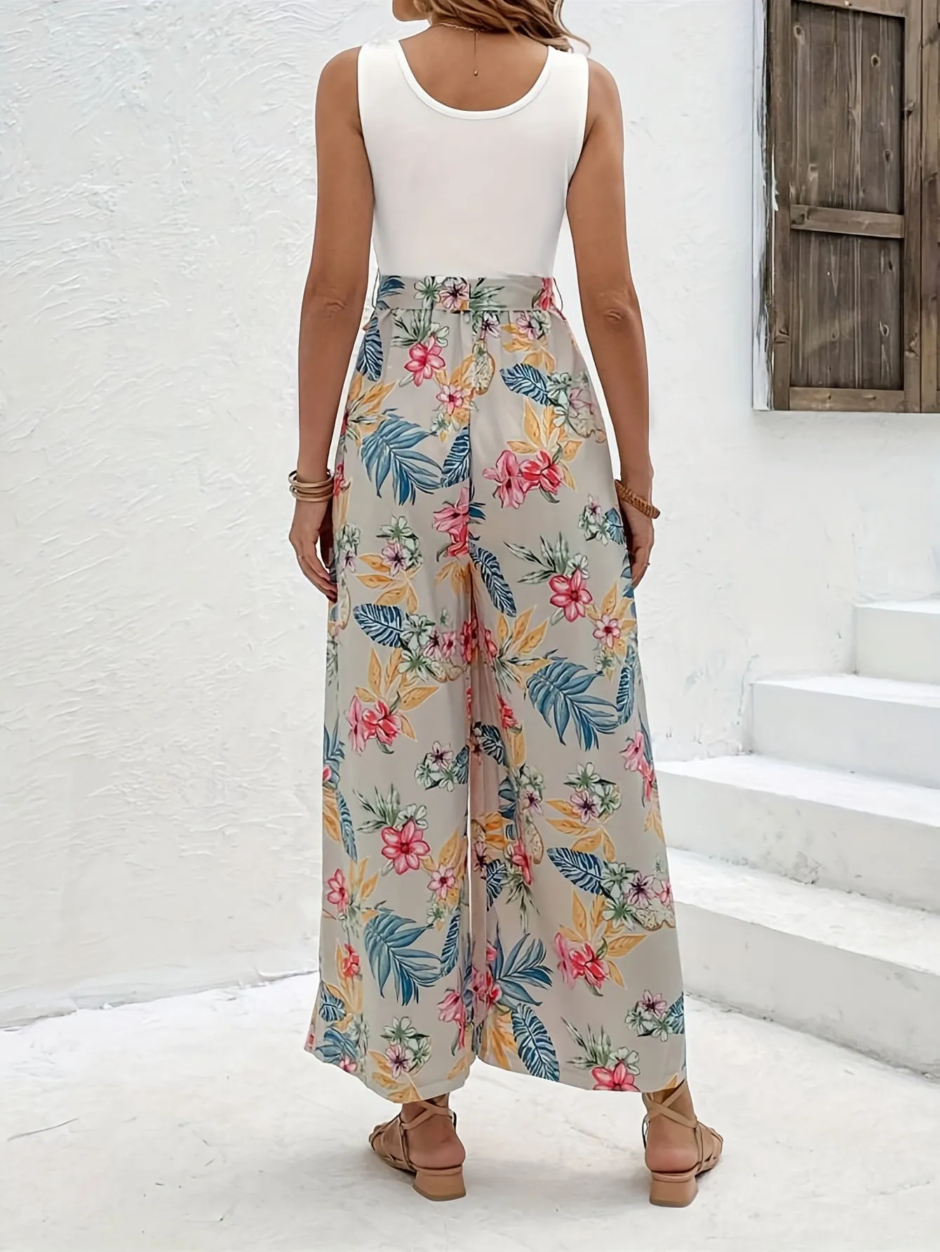 Floral  Jumpsuit, Casual Backless Square Neck Tie Waist Sleeveless Jumpsuits