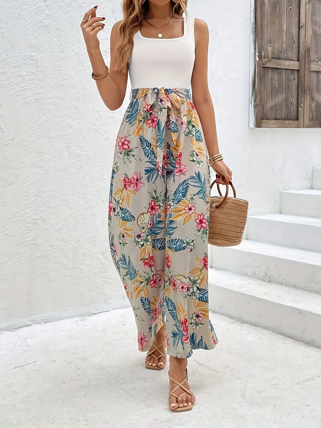 Floral  Jumpsuit, Casual Backless Square Neck Tie Waist Sleeveless Jumpsuits